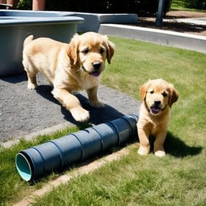 pair of gold retreiver puppies playing with drain pipe