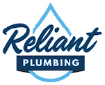 Reliant Plumbing logo featuring the word "Reliant" in dark blue script over a light blue water droplet outline, with the word "Plumbing" in bold uppercase letters inside a dark blue rectangle below.