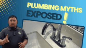 this image has a plumber in front of an image of a sink faucet with the words plumbing myths exposed above