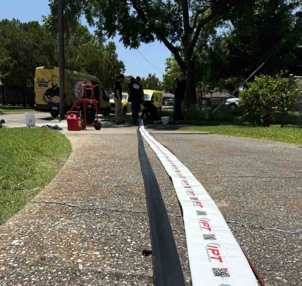 Trenchless pipe lining equipment laid out on a residential driveway, with Reliant Plumbing technicians preparing for a no-dig sewer line repair. Yellow service vans and plumbing tools are visible in the background under a sunny sky.