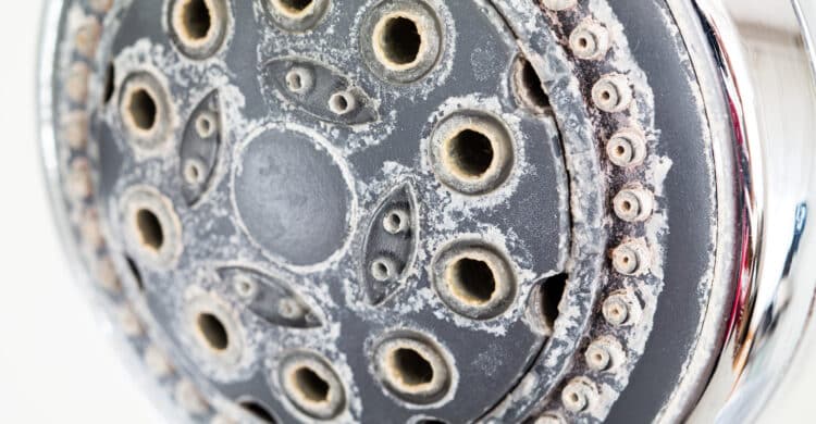 Silver round shower head with hard water deposits all around the sprinklers close up macro side shot isolated against light grey backdrop Close-up of a showerhead covered with white hard water mineral deposits and scale buildup around the nozzles.
