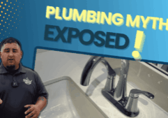 this image has a plumber in front of an image of a sink faucet with the words plumbing myths exposed above
