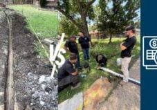 side by side images with an icon on the far right. the image on the left is a trench dug into a yard with a new pipe laid in it and the image on the right is plumber standing on a lawn performing trenchless pipe repair. there is a vs overlay between the two pictures and an icon of pricing papers on the far right of the image