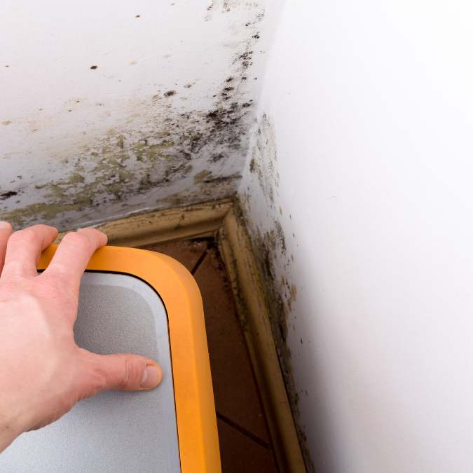 mildew or mold on wall above baseboard indicating a potential slab leak