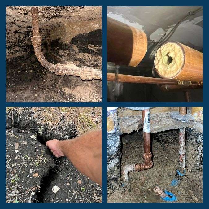 Causes of slab leaks rusty pipe, clogged pipe, ground shift, poor construction