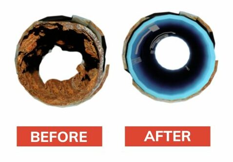 Before and after of rusted pipe fixed with trenchless pipe repair